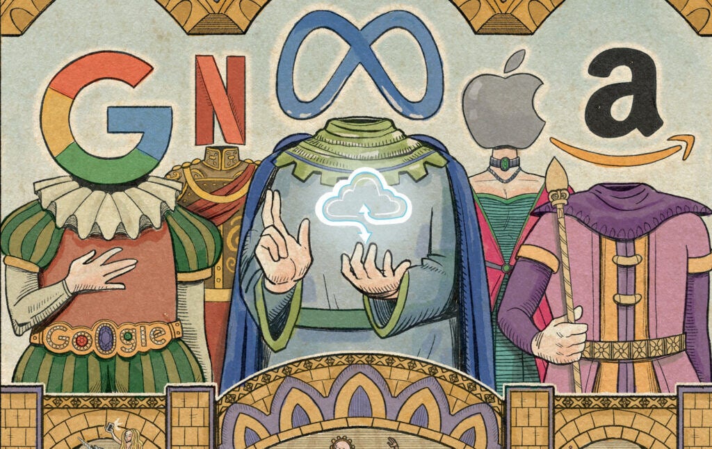 Fig. 3. Google, Netlifx, Meta, Apple and Amazon as feudal lords, Source: https://www.currentaffairs.org/hubfs/Imported_Blog_Media/technoonline-1024x646-1.jpg